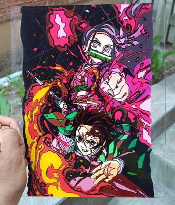 Tanjiro and Nezuko from Demon Slayer, painted on a clear acrylic sheet