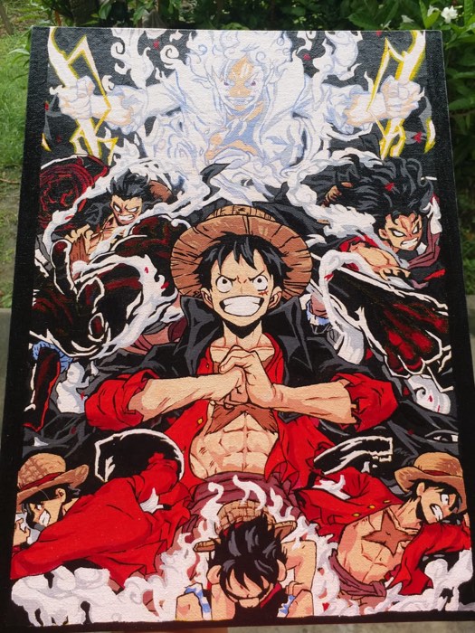 Luffy from One Piece surrounded by his different gear transformations
