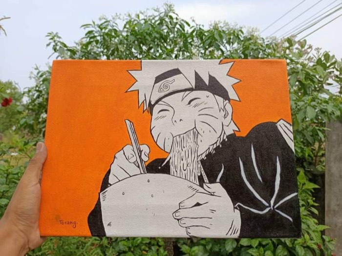 Naruto eating ramen, painted in black and white on an orange background