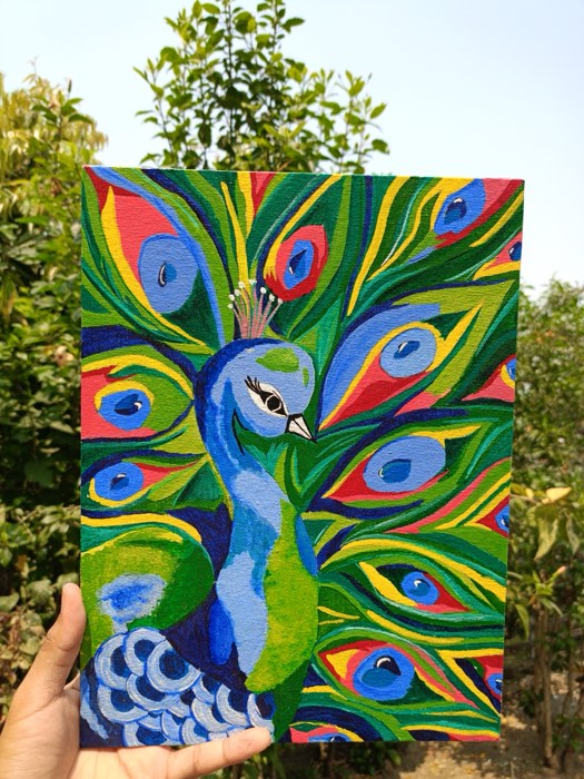 A peacock with its tail fanned out, painted in bright acrylics